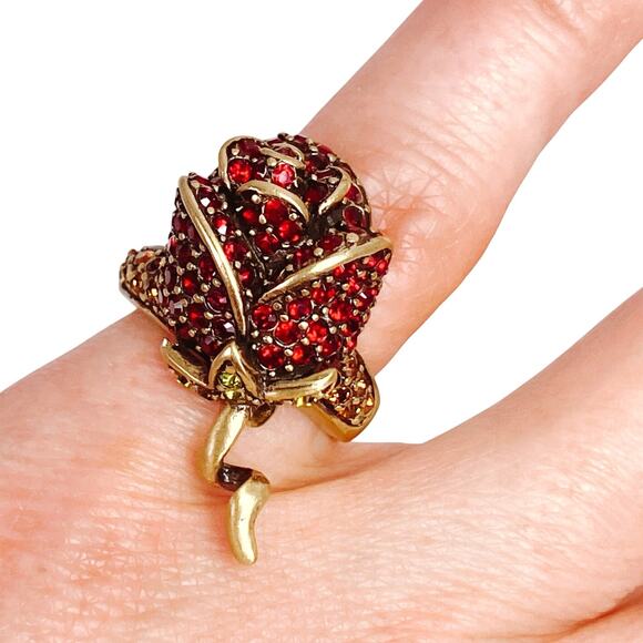 VTG Signed Heidi Daus Red Rose Crystal Gold Tone Elegant Cocktail Ring Romantic - Picture 2 of 13